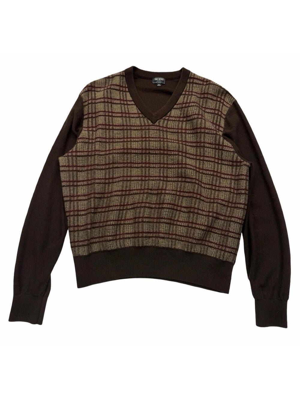 Todd Snyder Merino Wool V-Neck Sweater Plaid Brown Size XL